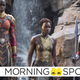 Danai Gurira, Lupita Nyong'o, and Florence Kasumba look on in concern as Okoye, Nakia, and Ayo in Black Panther.